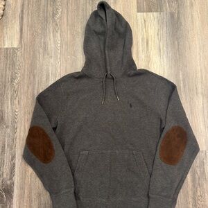 Vintage Polo Ralph Lauren Hoodie Mens Gray Embroidered Pullover Elbow Patch (S)